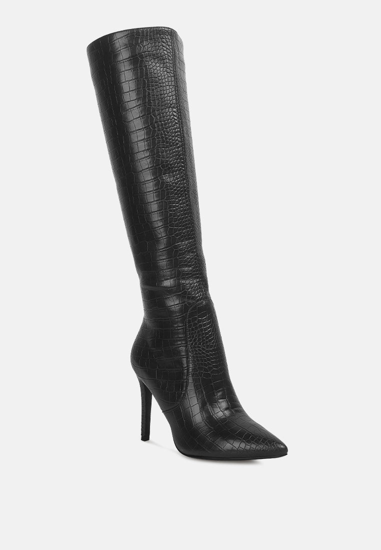 Croc-Embossed High-Heel Calf Boots with Side Zipper
