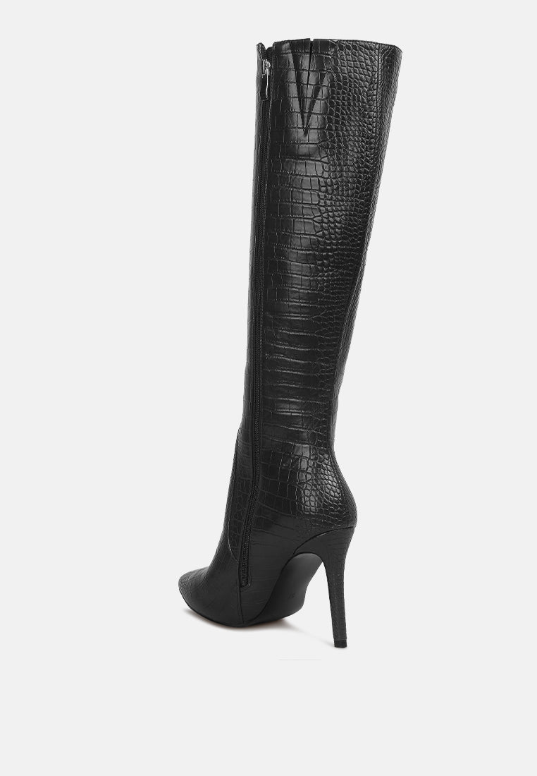 Croc-Embossed High-Heel Calf Boots with Side Zipper