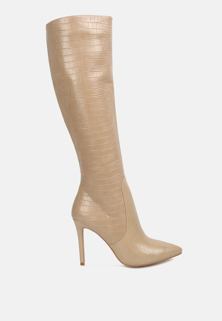 Croc-Embossed High-Heel Calf Boots with Side Zipper Nude
