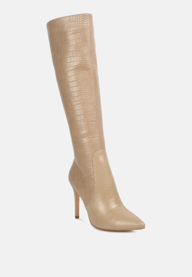 Croc-Embossed High-Heel Calf Boots with Side Zipper