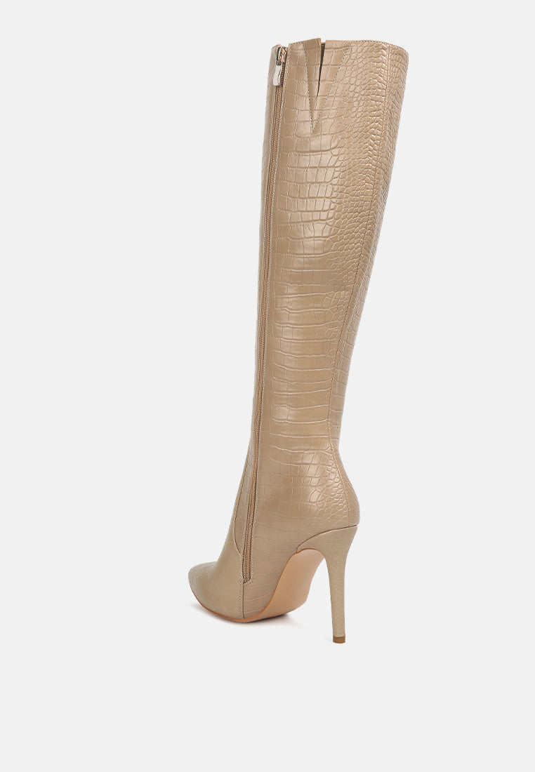Croc-Embossed High-Heel Calf Boots with Side Zipper