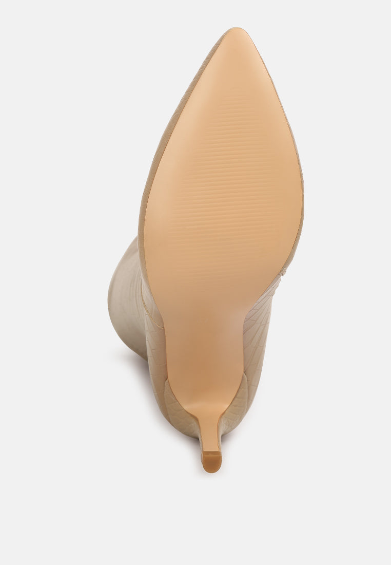 Croc-Embossed High-Heel Calf Boots with Side Zipper