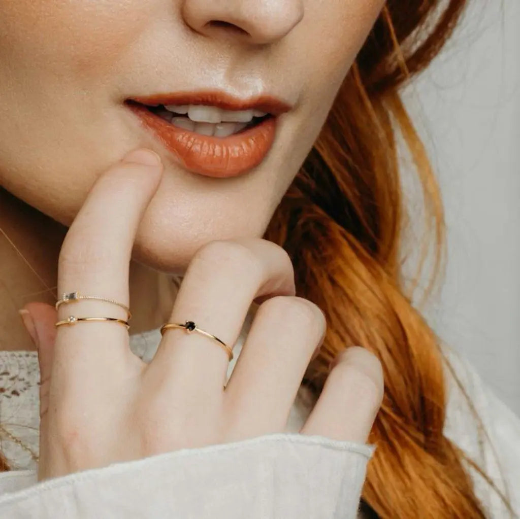 Iron Ore Crystal Point Solitaire Ring — Dainty Stacking Minimalist Band - Rings