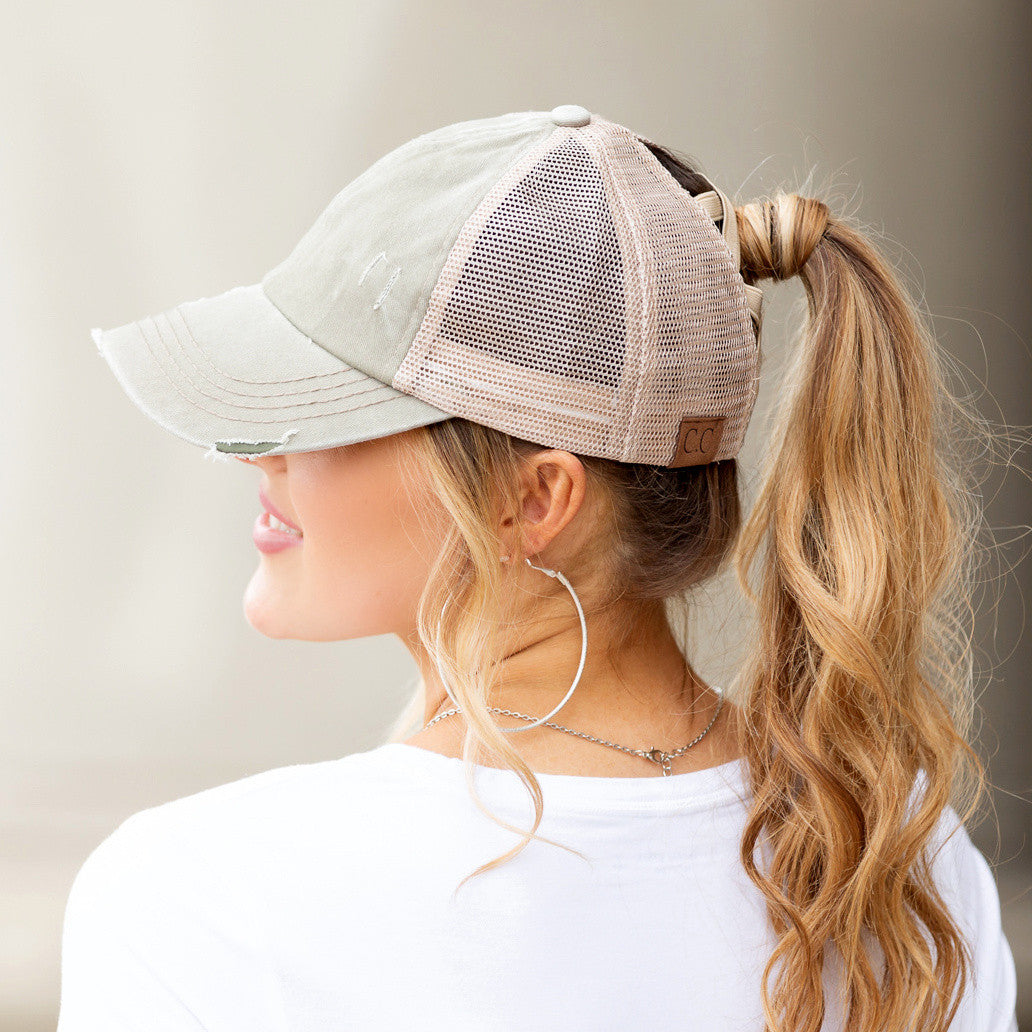 Criss-Cross Ponytail Trucker Hat — Stretch Back Opening Breathable Mesh - Baseball Caps