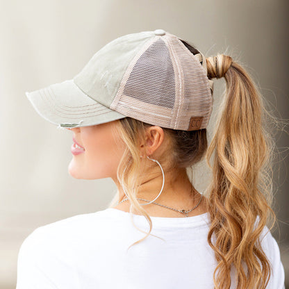 Criss-Cross Ponytail Trucker Hat — Stretch Back Opening Breathable Mesh - Baseball Caps