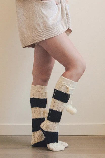 Knee High Striped Pom Socks Black White