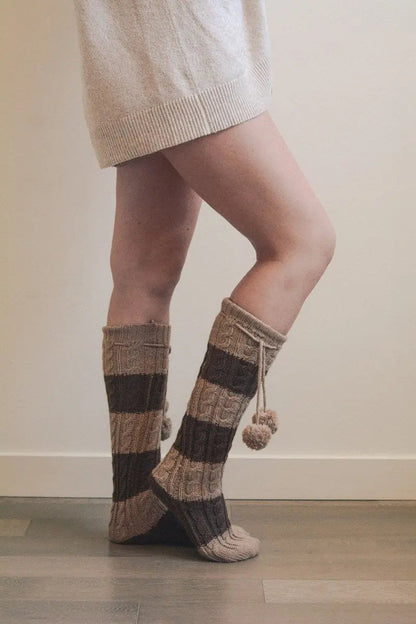 Knee High Striped Pom Socks Brown Mocha