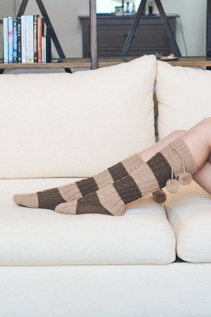 Knee High Striped Pom Socks