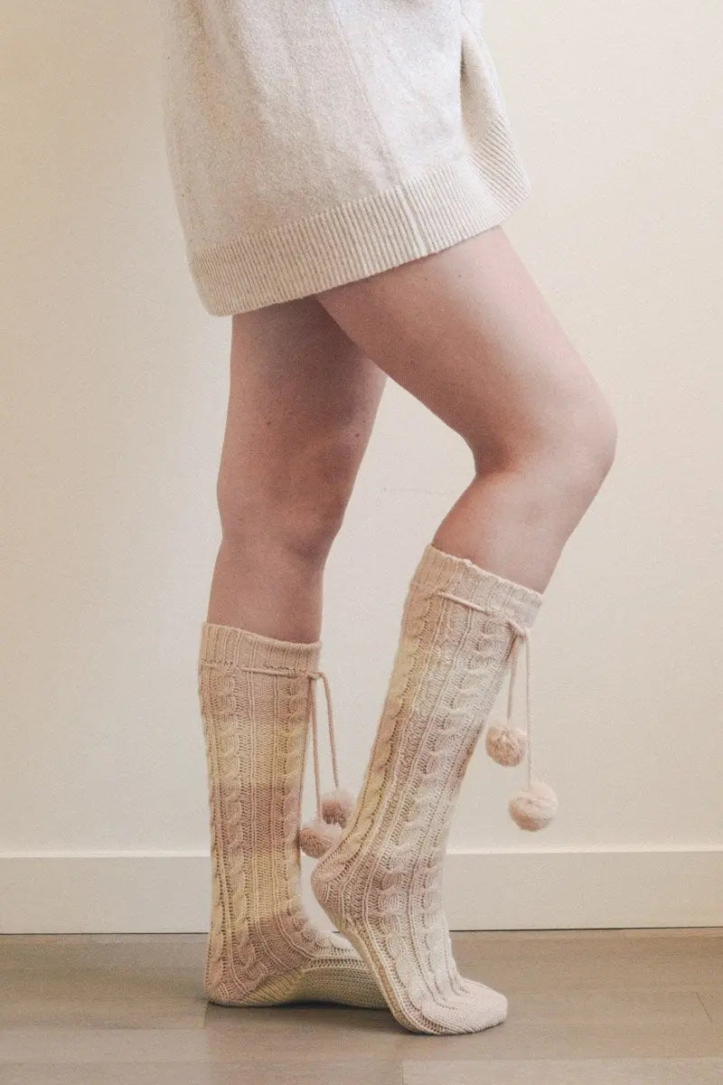 Knee High Striped Pom Socks Pink Ivory