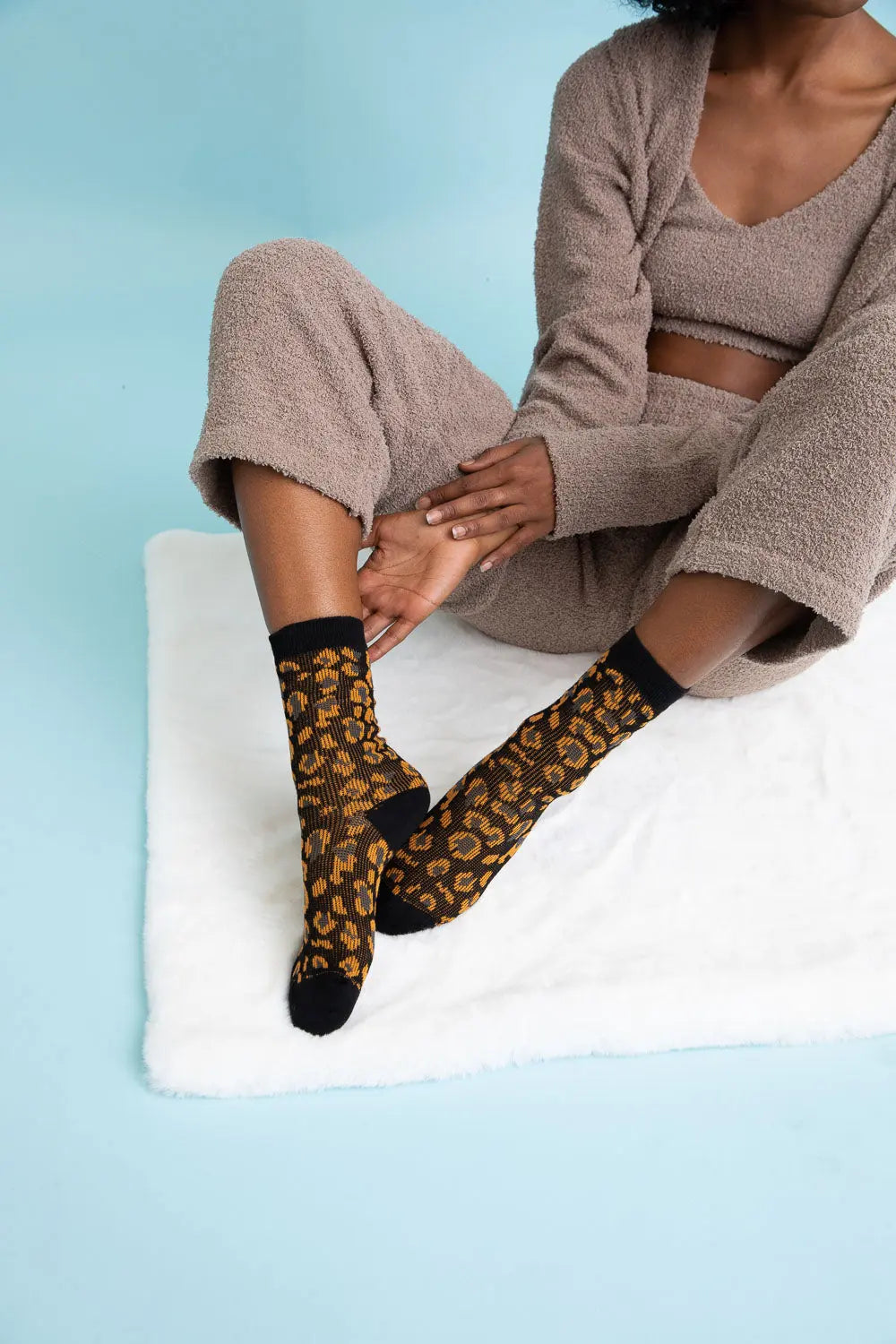 Leopard Print Knit Socks with Stretchy Cozy Fabric
