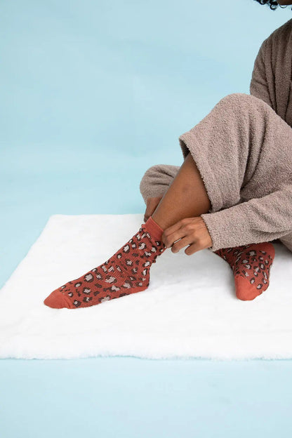 Leopard Print Knit Socks with Stretchy Cozy Fabric One Size Rust