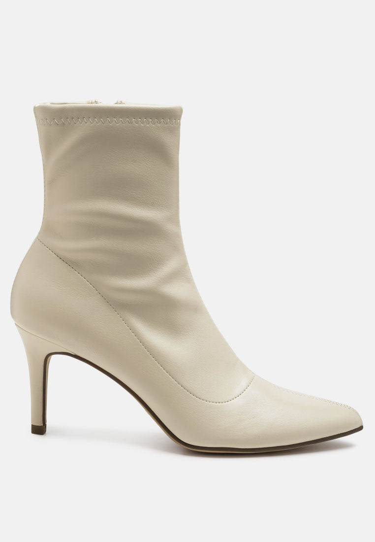 Faux Leather Stiletto Ankle Boots with Mid Heel and Side Zipper Cream