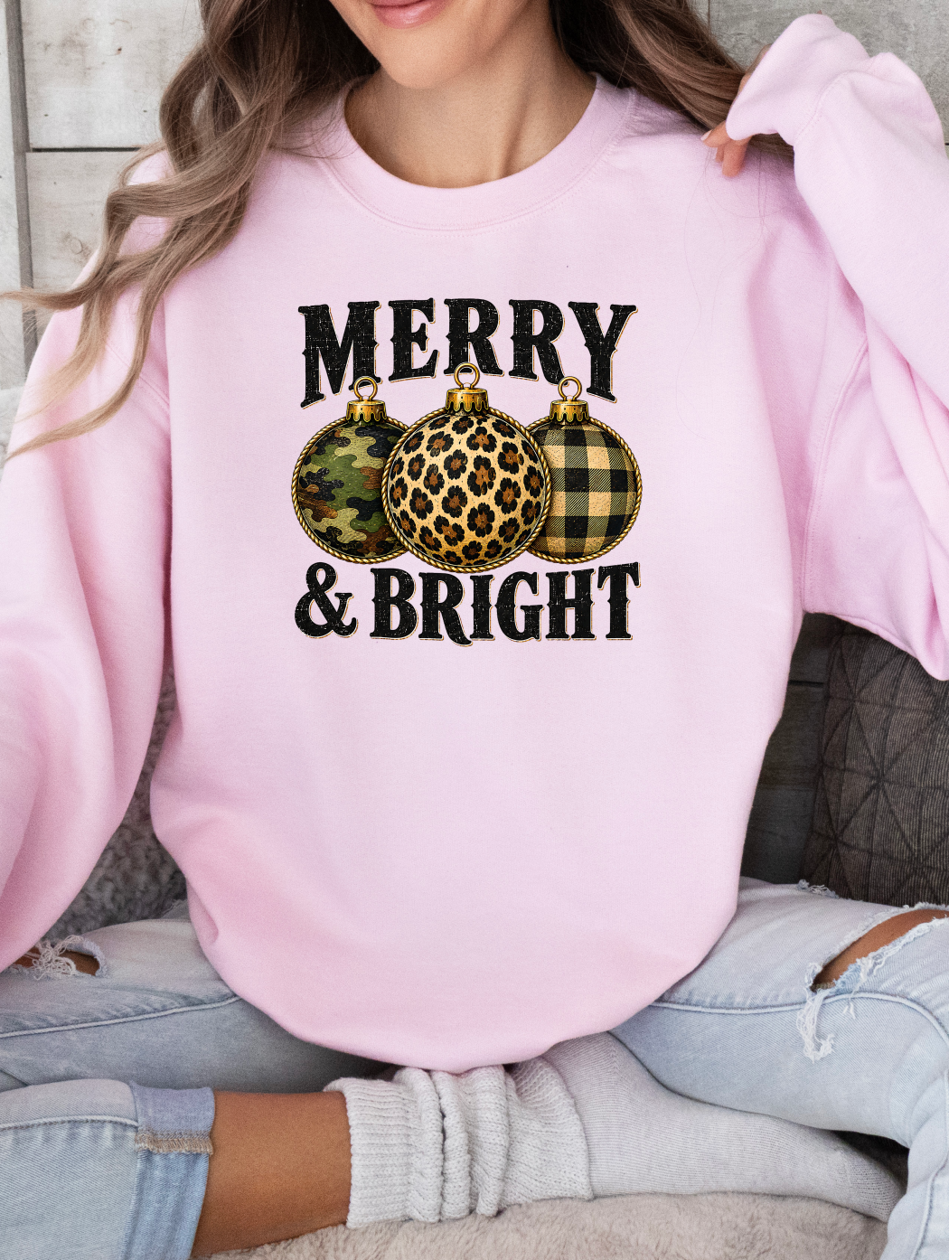 Camo Leopard and Check Print Graphic Sweatshirt with Holiday Bulb Design Pink