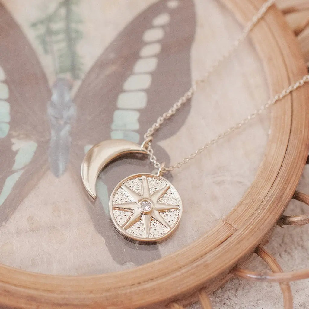 Sun & Moon Celestial Pendant Necklace — Crystal Accent Layering Everyday Jewelry - Necklaces