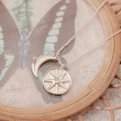 Sun & Moon Celestial Pendant Necklace — Crystal Accent Layering Everyday Jewelry - Necklaces
