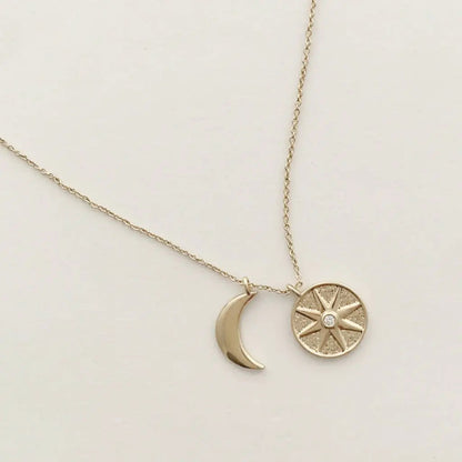Sun & Moon Celestial Pendant Necklace — Crystal Accent Layering Everyday Jewelry - Necklaces