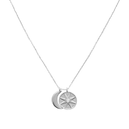 Sun & Moon Celestial Pendant Necklace — Crystal Accent Layering Everyday Jewelry - Silver Necklaces