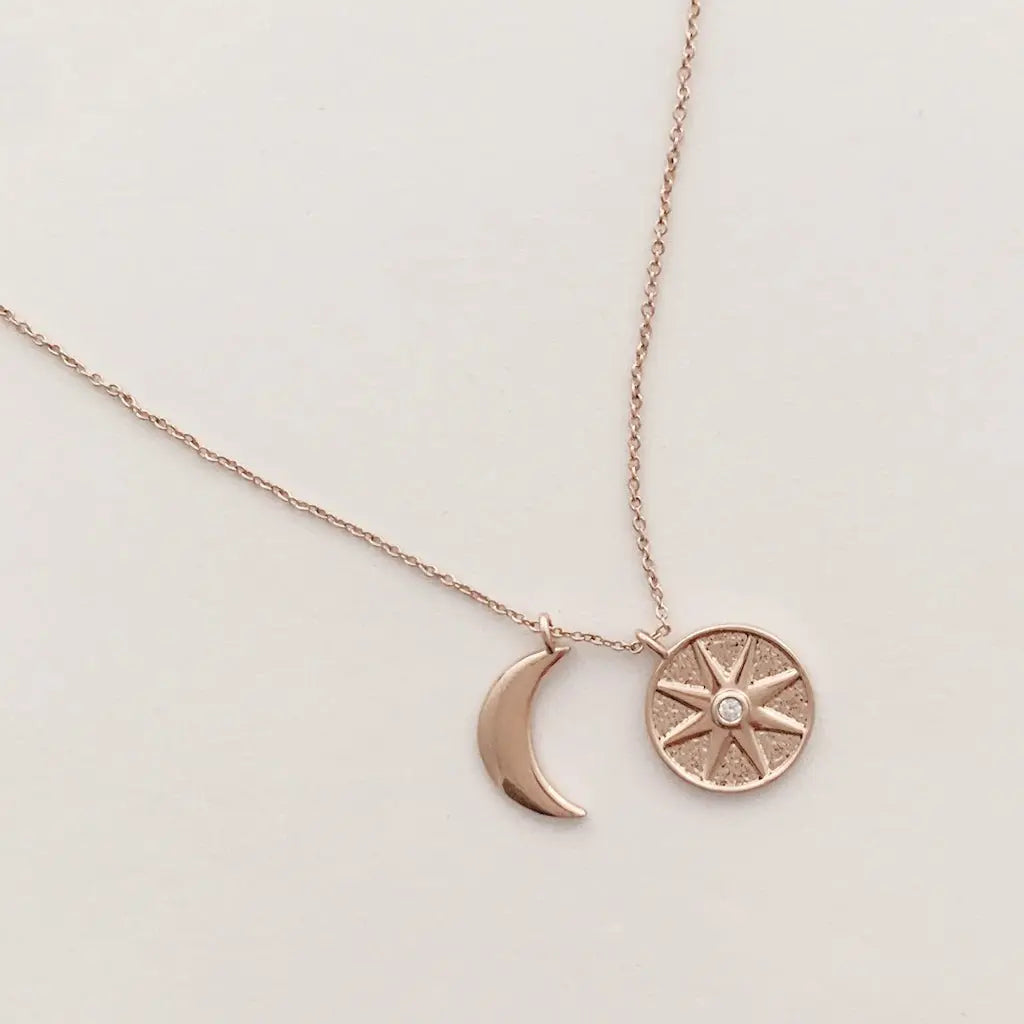 Sun & Moon Celestial Pendant Necklace — Crystal Accent Layering Everyday Jewelry - Necklaces