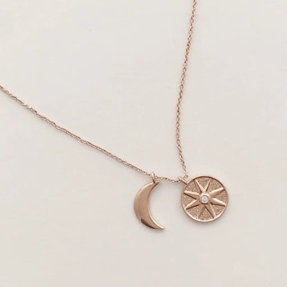 Sun & Moon Celestial Pendant Necklace — Crystal Accent Layering Everyday Jewelry - Necklaces