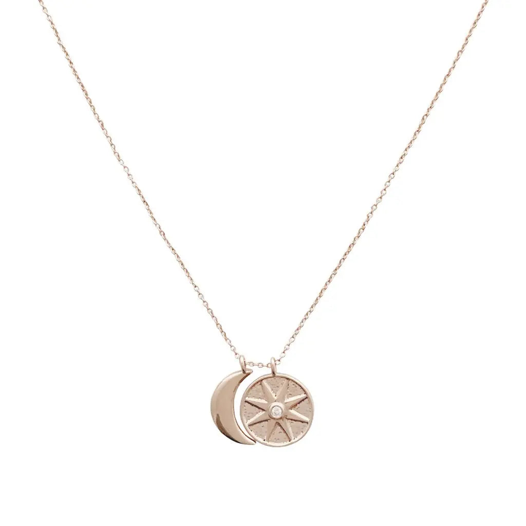 Sun & Moon Celestial Pendant Necklace — Crystal Accent Layering Everyday Jewelry - Rose Gold Necklaces