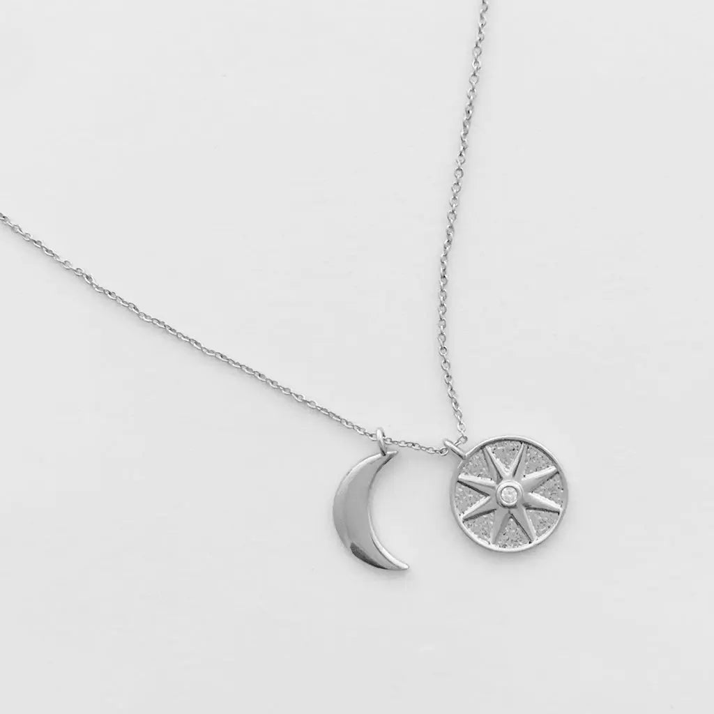 Sun & Moon Celestial Pendant Necklace — Crystal Accent Layering Everyday Jewelry - Necklaces