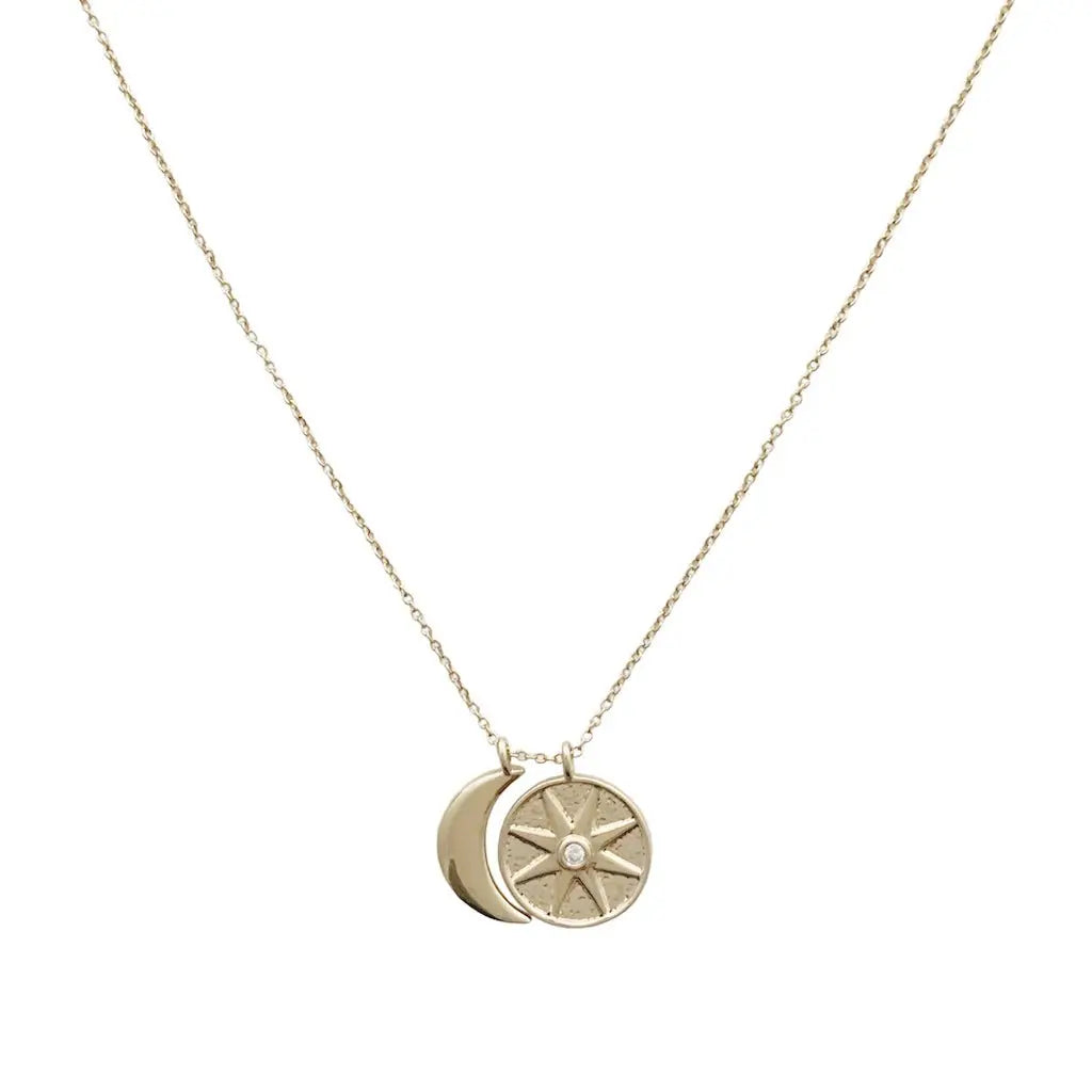 Sun & Moon Celestial Pendant Necklace — Crystal Accent Layering Everyday Jewelry - Gold Necklaces