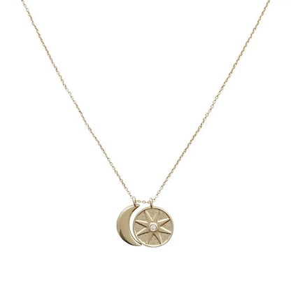 Sun & Moon Celestial Pendant Necklace — Crystal Accent Layering Everyday Jewelry - Gold Necklaces