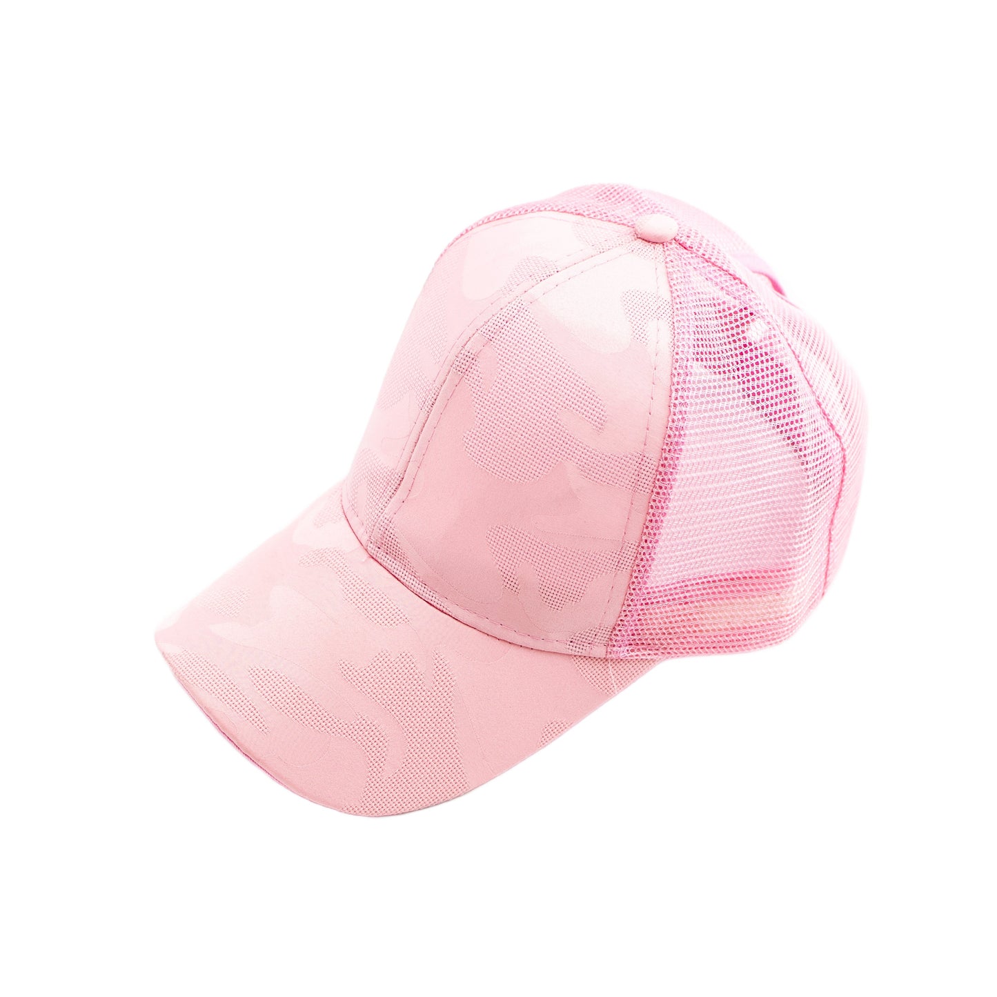 Camo Messy Bun Baseball Cap — High Ponytail Opening Snapback Mesh Back - Pink Baseball Caps