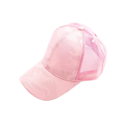 Camo Messy Bun Baseball Cap — High Ponytail Opening Snapback Mesh Back - Pink Baseball Caps
