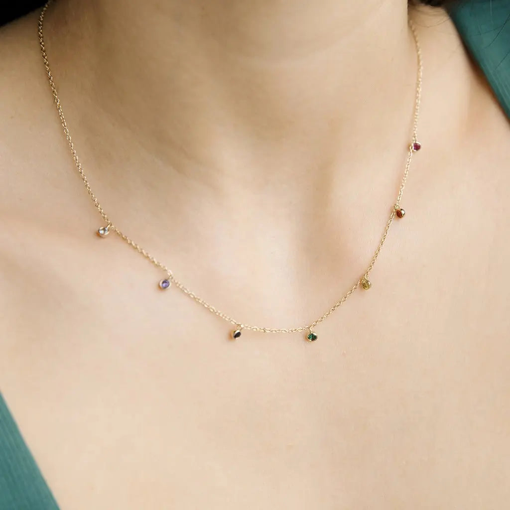 Rainbow Crystal Stardust Pendant Necklace — Shimmering Bezel Charm Chain - Necklaces