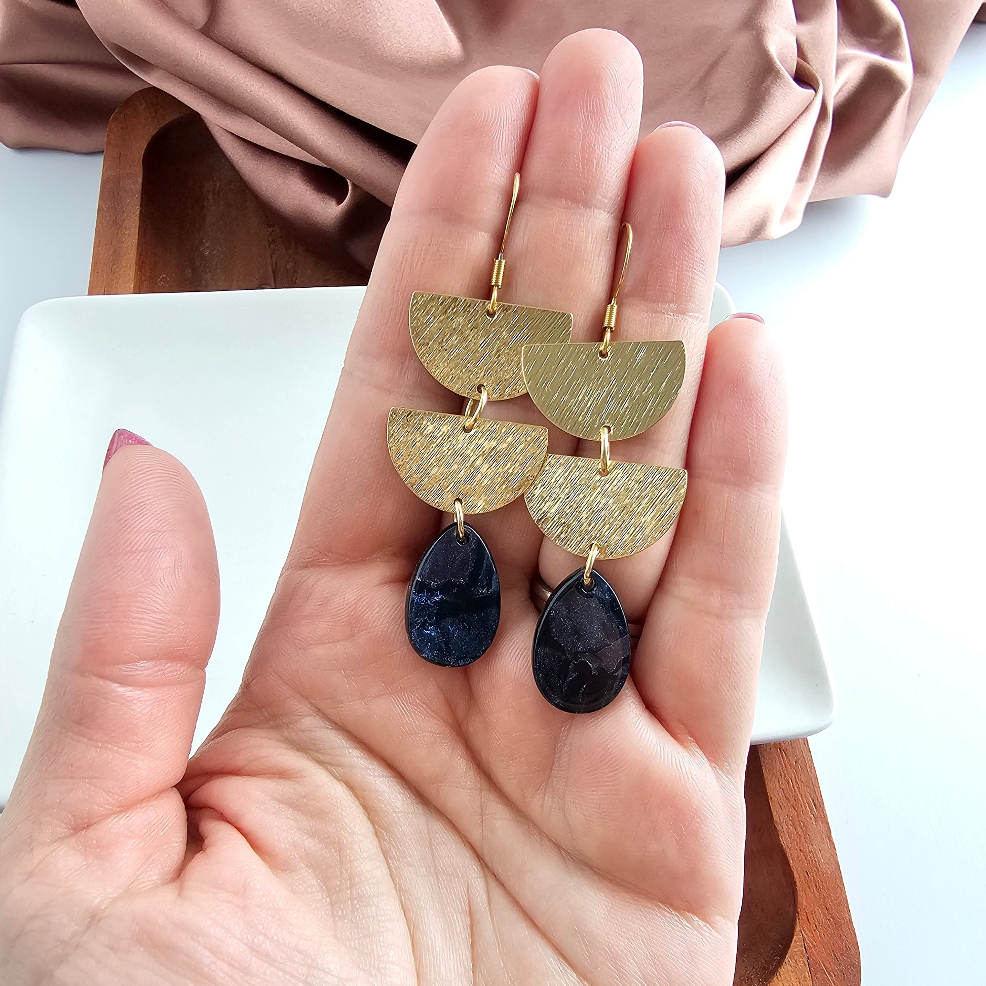 Midnight Shimmer Glamour Statement Earrings — Gold Acrylic Layered Dangle Everyday Style - Earrings