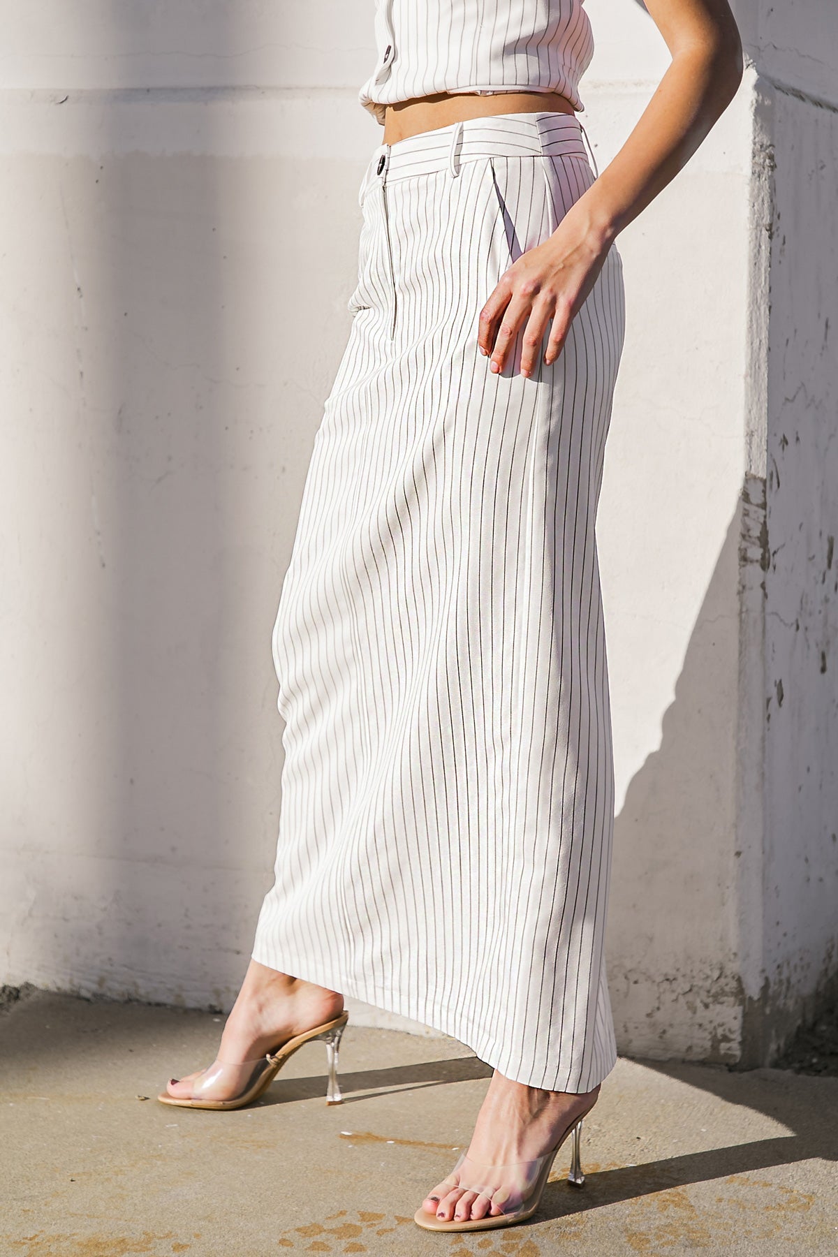 Striped Full Length Skirt with Back Slit | Trendy Skirts Outfit Idea for Women by Ro + Ivy | Elevated Basics, Modern Comfort & Style