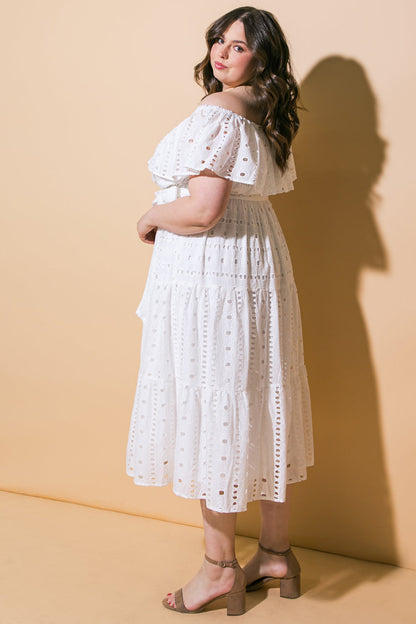 Off the Shoulder Eyelet Midi Dress with Tie Waist - Vacation Ready | Trendy Midi Dresses Outfit Idea for Women by Ro + Ivy | Elevated Basics, Modern Comfort & Style