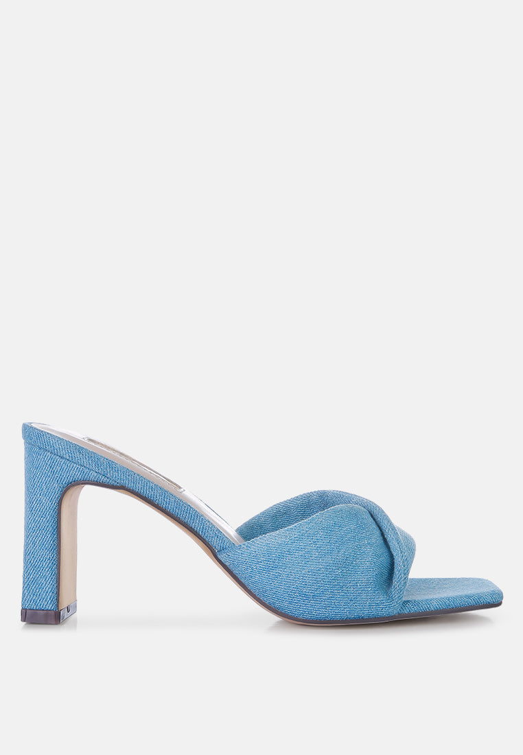 Open Square Toe Block Heel Denim Sandals Mid Blue