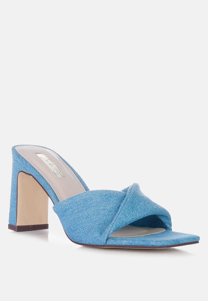 Open Square Toe Block Heel Denim Sandals