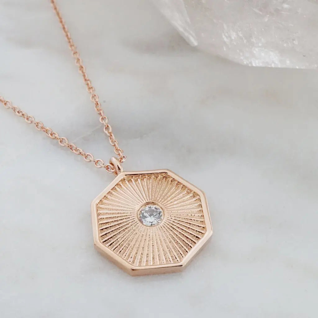 Sunbeam Octagon Crystal Pendant Necklace — Radiating Whisper Thin Chain - Necklaces