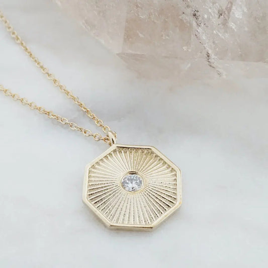 Sunbeam Octagon Crystal Pendant Necklace — Radiating Whisper Thin Chain - Necklaces