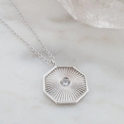 Sunbeam Octagon Crystal Pendant Necklace — Radiating Whisper Thin Chain - Necklaces