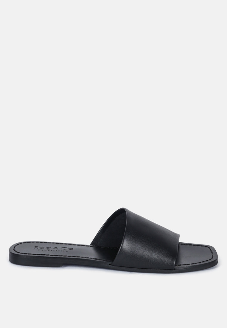 Women's Leather Slide Flat Sandals, Everyday Comfort - Black Sandals