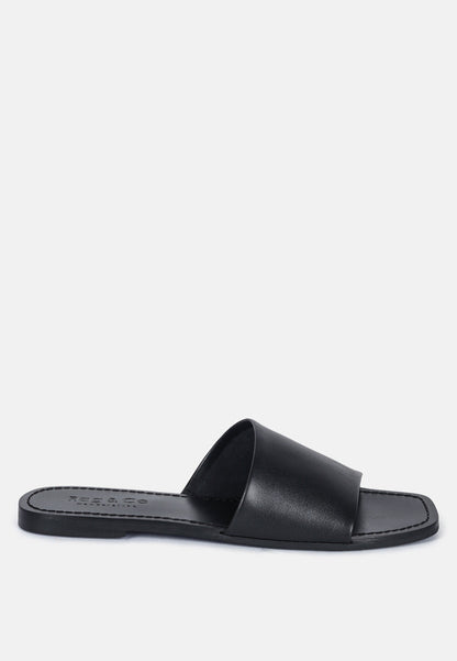 Women's Leather Slide Flat Sandals, Everyday Comfort - Black Sandals