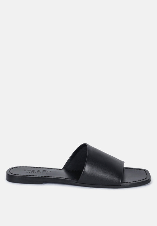 Women's Leather Slide Flat Sandals, Everyday Comfort Black