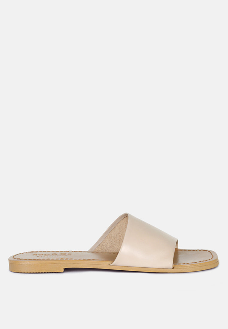 Women's Leather Slide Flat Sandals, Everyday Comfort - Latte Sandals