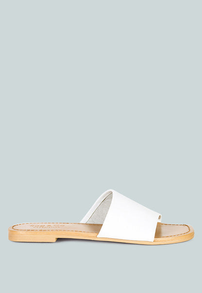 Women's Leather Slide Flat Sandals, Everyday Comfort - White Sandals