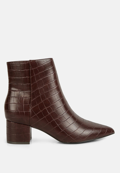 Pointed Toe Block Heel Ankle Boots Brown