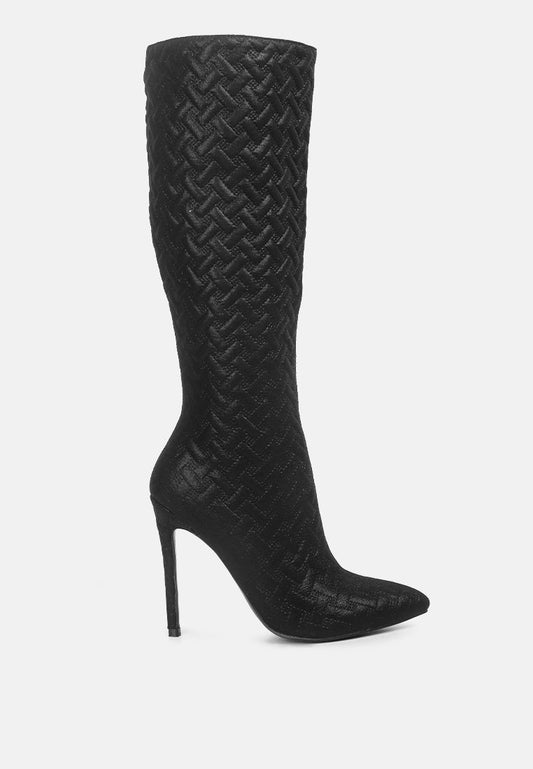 Embossed Pattern Knee High Stiletto Boots Black