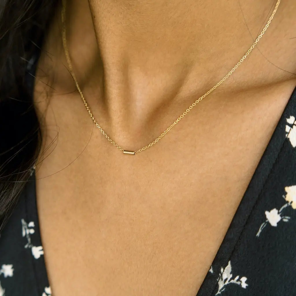Tiny Pipe Bar Pendant Necklace — Minimalist Delicate Chain Everyday Jewelry - Necklaces