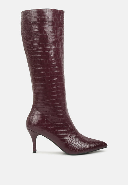 Faux Croc PU Pointed Toe 3" Knee High Boots Burgundy