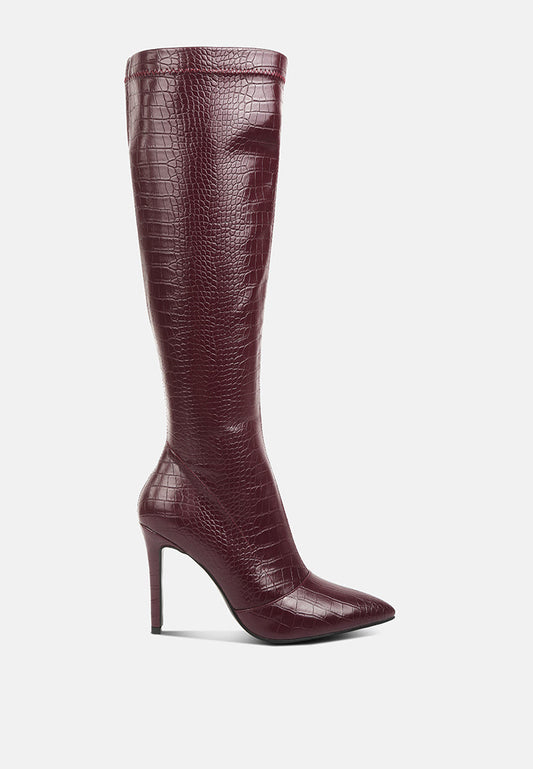 Croc Faux Leather Stiletto Knee High Boots Burgundy