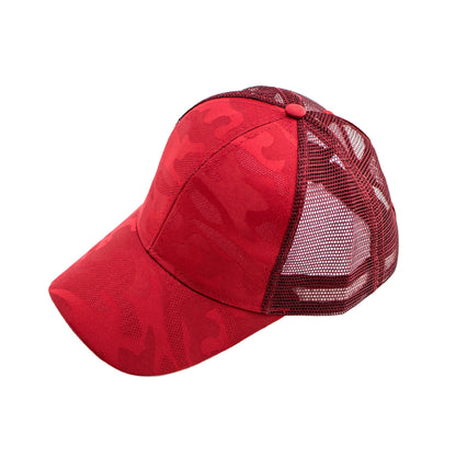 Camo Messy Bun Baseball Cap — High Ponytail Opening Snapback Mesh Back - Wine Baseball Caps