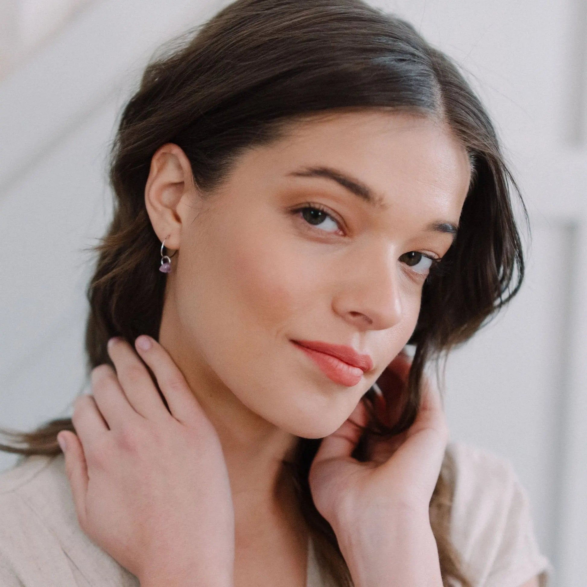 Wishing Crystal Accent Minimalist Hoop Earrings — Dainty Gemstone Drop - Earrings